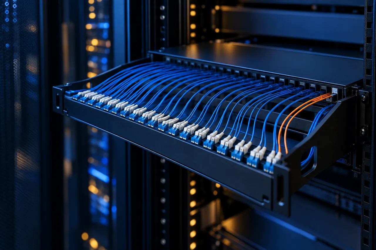 Fiber patch panel with blue and orange jumper cables.