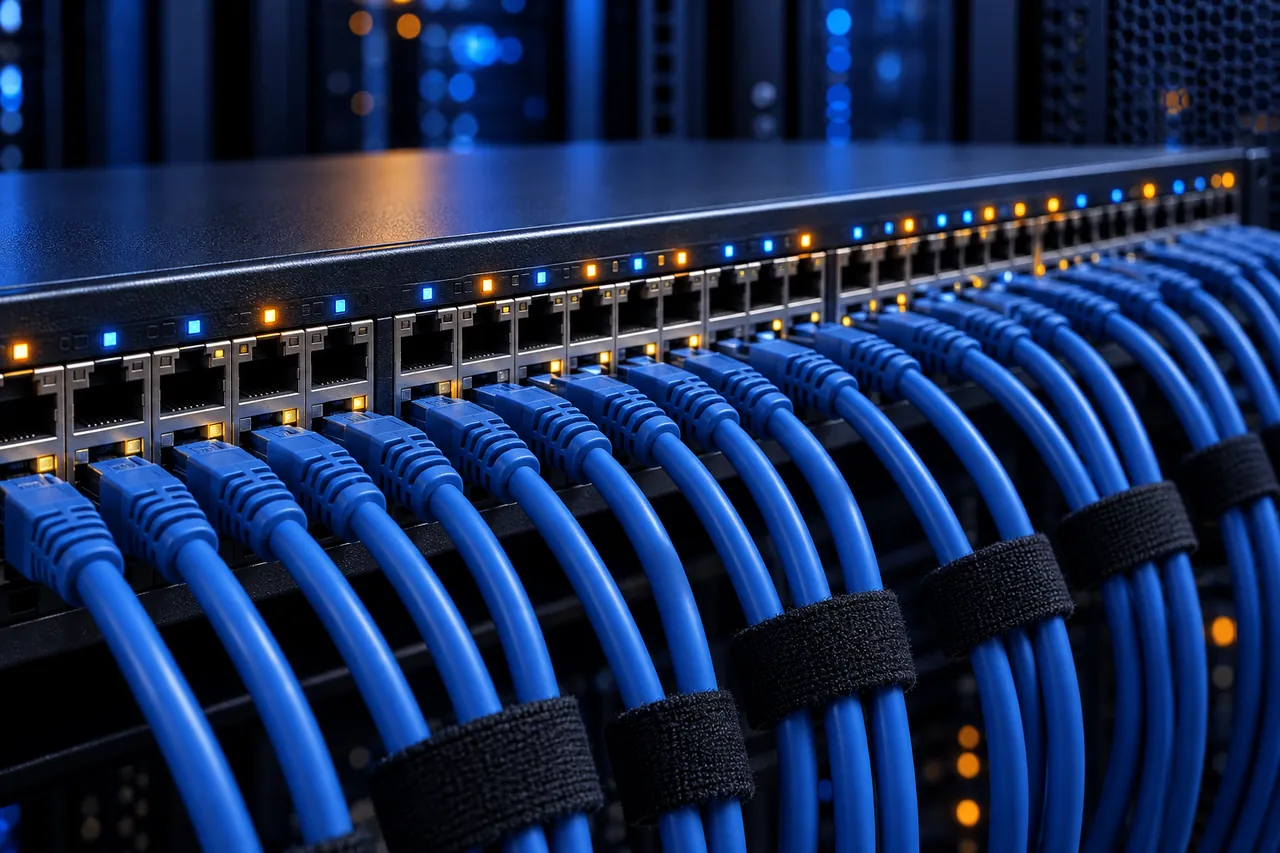 Top-of-rack network switch with bundled blue patch cables and link lights.